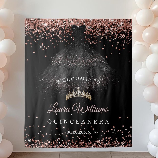 Black & Rose Gold Quinceañera Birthday Backdrop Tapestry (Reose Gold glitter quinceañera  birthday party backdrop)