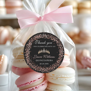 Black & Rose Gold Quinceañera Birthday Thank you Classic Round Sticker