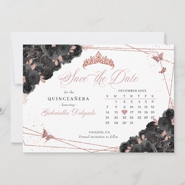 Black & Rose Gold Quinceañera Save The Date Invitation (Front)