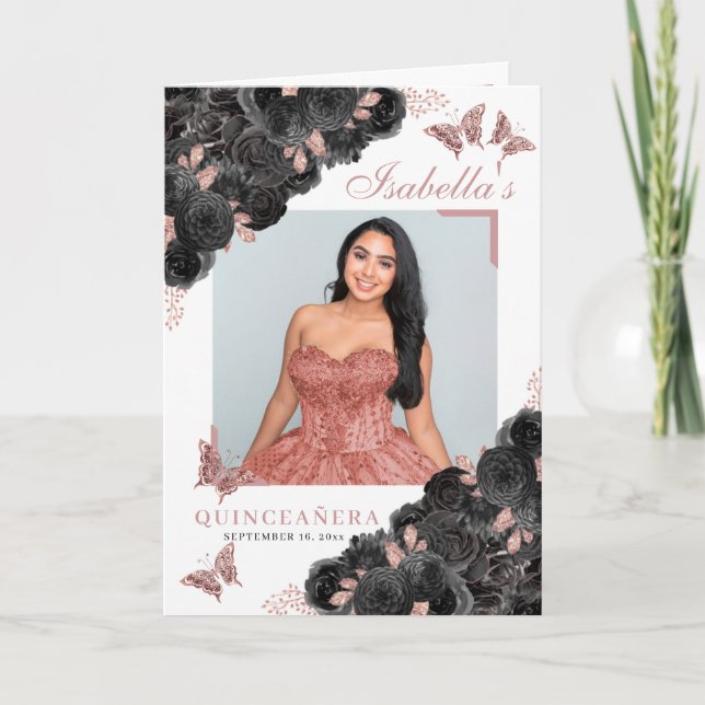Black & Rose Gold Quinceanera Tiara Butterflies Programme (Front)