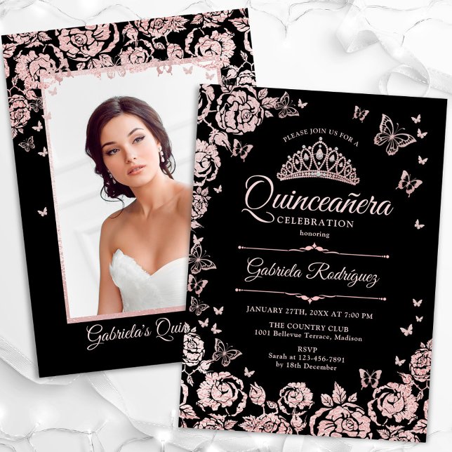 Black Rose Gold Roses Quinceanera Photo Invitation (Creator Uploaded)