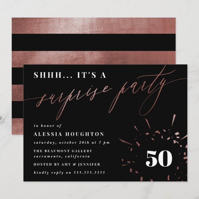 Black & Rose Gold Script Surprise Party Invitation (Front/Back)
