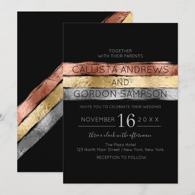 Black Rose Gold Silver Brushstroke Striped Wedding Invitation (Front/Back)