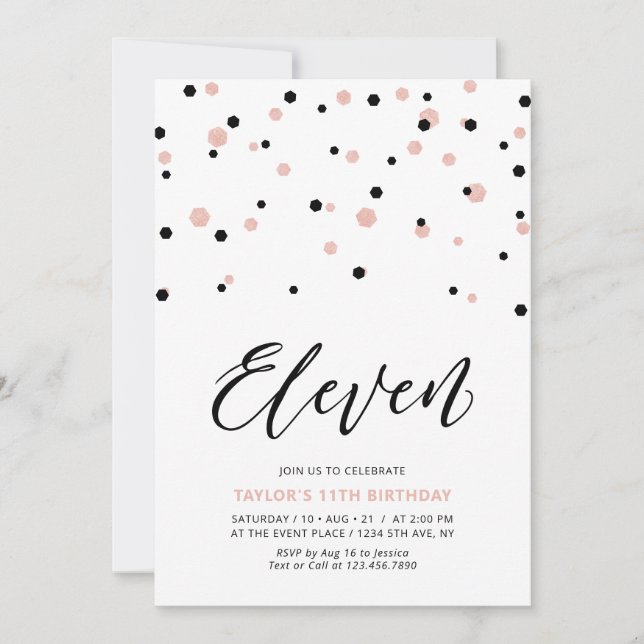 Black & Rose Gold Simple 11th Teen Birthday Party Invitation (Front)