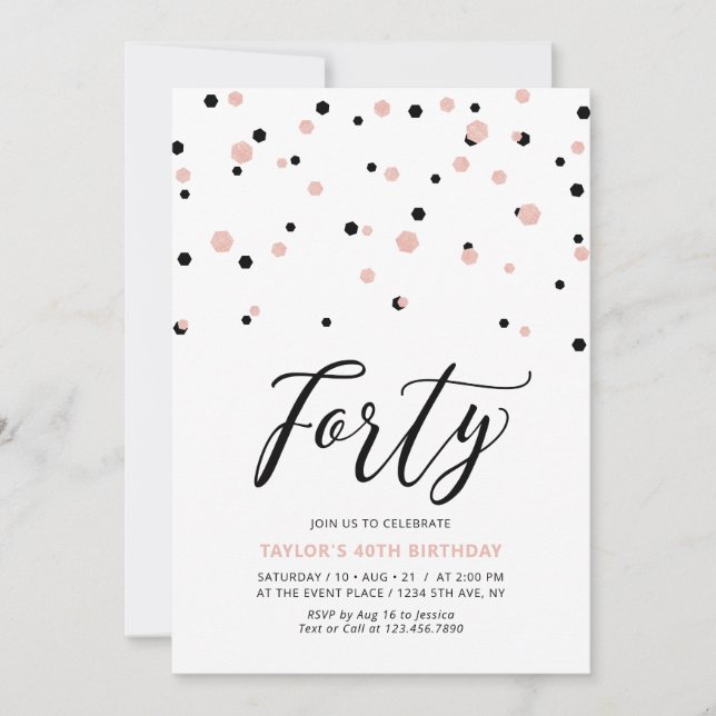 Black Rose Gold Simple Forty 40th Birthday Party Invitation (Front)