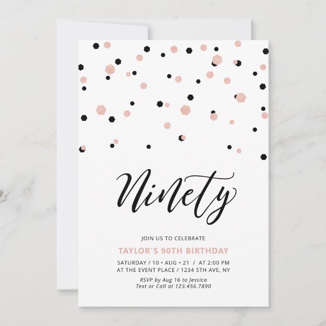 Black Rose gold Simple Ninety 90th Birthday Party Invitation (Front)