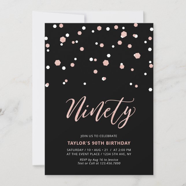 Black Rose gold Simple Ninety 90th Birthday Party  Invitation (Front)