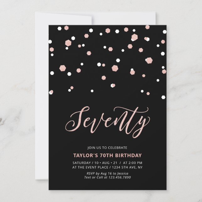 Black Rose gold Simple Seventy 70th Birthday Party Invitation (Front)
