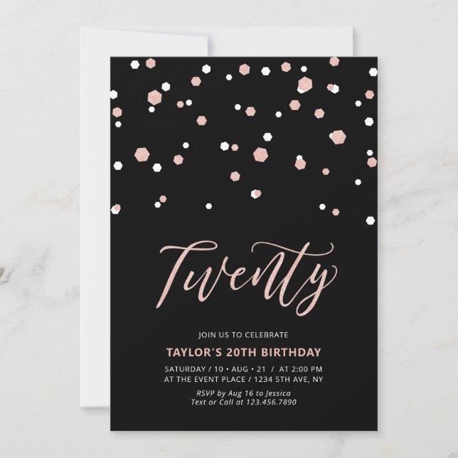 Black Rose gold Simple Twenty 20th Birthday Party  Invitation (Front)