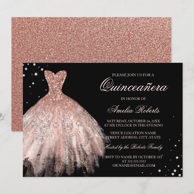 Black Rose Gold Sparkle Dress Quinceanera Invite (Front/Back)