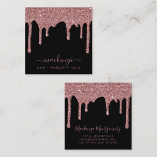 Black Rose Gold Sparkle Dripping Glitter Luxury Square Business Card