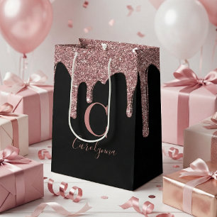 Black Rose Gold Sparkle Dripping Glitter  Monogram Medium Gift Bag
