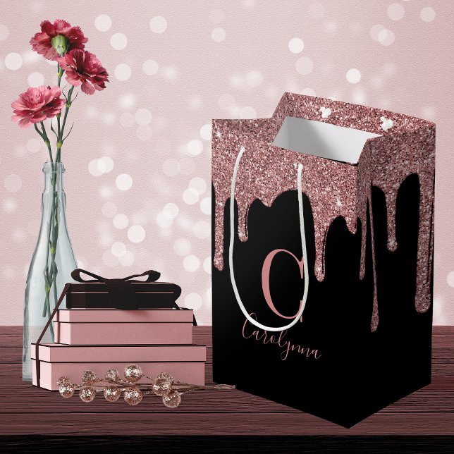 Black Rose Gold Sparkle Dripping Glitter  Monogram Medium Gift Bag (Creator Uploaded)