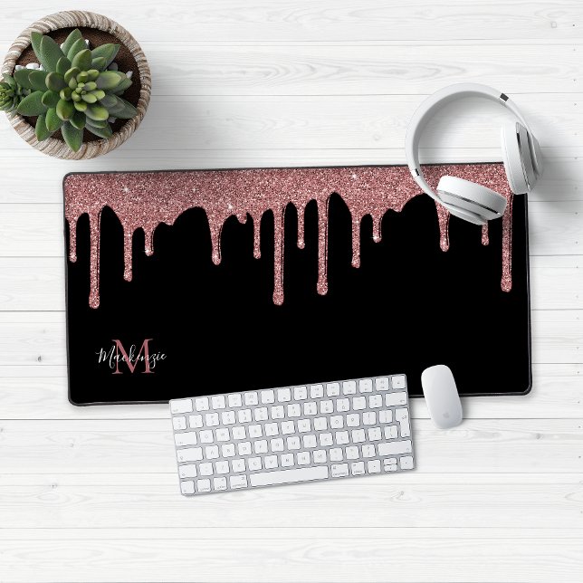 Black Rose Gold Sparkle Glitter Drips Monogram Desk Mat (Black and Rose Gold Dripping Glitter Desk Mat Gaming Mouse Pad)