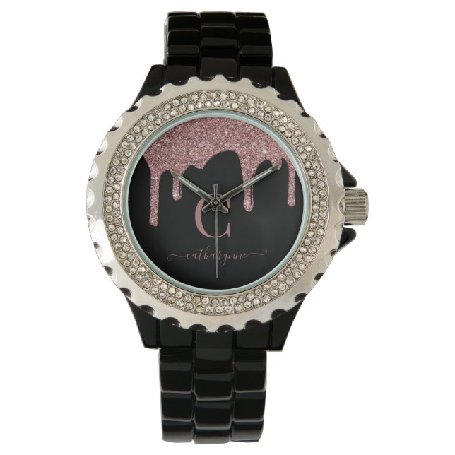 Black Rose Gold Sparkle Glitter Drips Monogram Watch (Front)