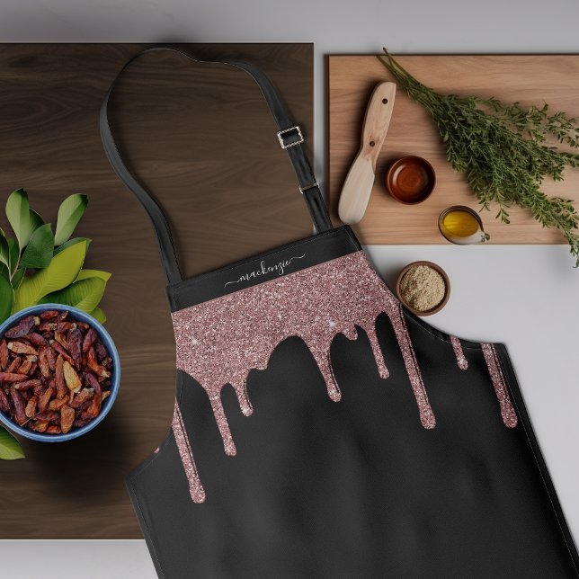 Black Rose Gold Sparkle Glitter Drips Personalised Apron (Black Rose Gold Sparkle Glitter Drips Personalized Apron)