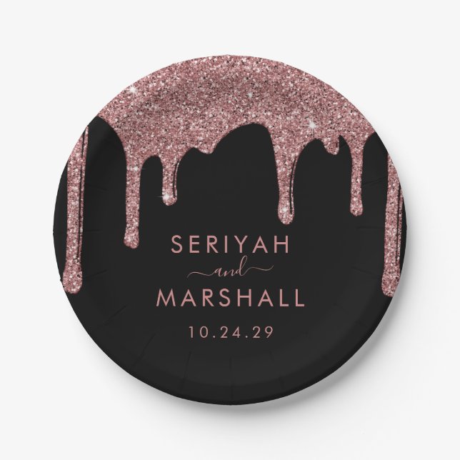 Black Rose Gold Sparkle Glitter Drips Wedding Paper Plate (Front)