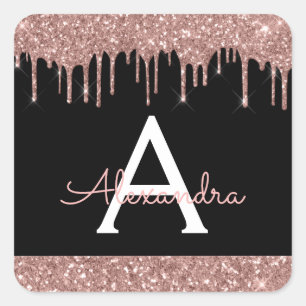 Black Rose Gold Sparkle Glitter Monogram Square Sticker