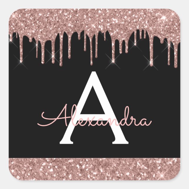 Black Rose Gold Sparkle Glitter Monogram Square Sticker (Front)