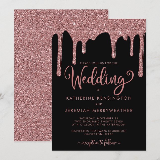 Black Rose Gold Sparkle Glitter Wedding Invitation (Front/Back)