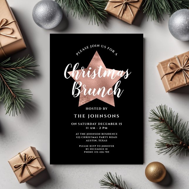 Black Rose Gold Star Christmas Brunch Invitation (Black Rose Gold Star Christmas Brunch Invitation)