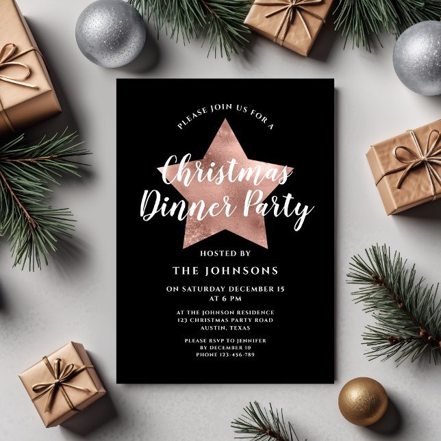 Black Rose Gold Star Christmas Dinner Party Invitation (Black Rose Gold Star Christmas Dinner Party Invitation)