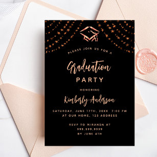 Black rose gold stars graduation party invitation
