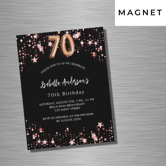 Black rose gold stars luxury 70th birthday magnetic invitation (Creator Uploaded)