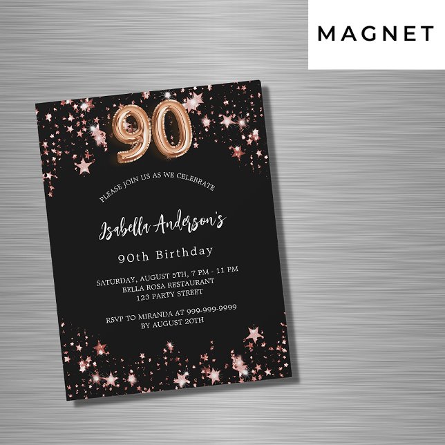 Black rose gold stars luxury 90th birthday magnetic invitation (Creator Uploaded)
