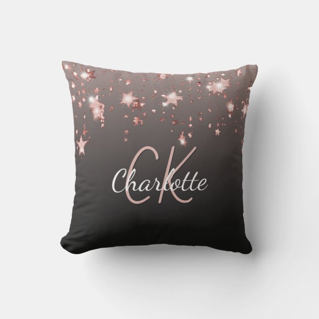 Black rose gold stars monogram name cushion (Front)