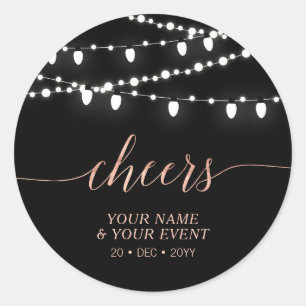 Black & Rose Gold String Lights Cheers Favour Gift Classic Round Sticker
