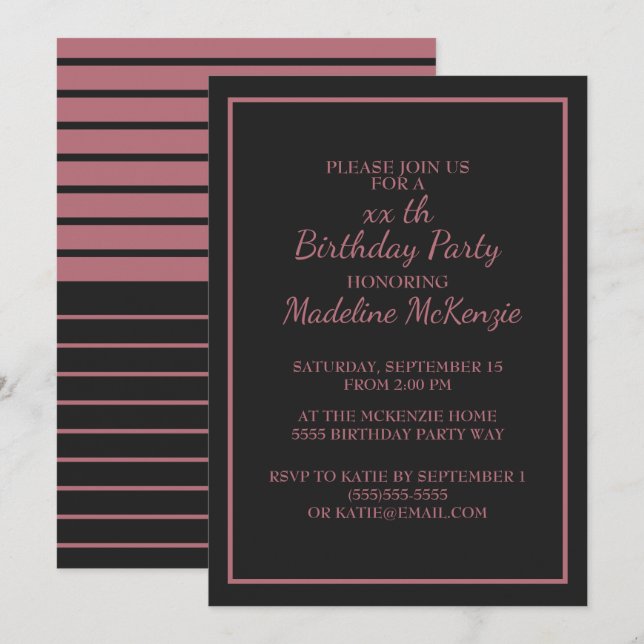 Black Rose Gold Striped Birthday Party Invite (Front/Back)
