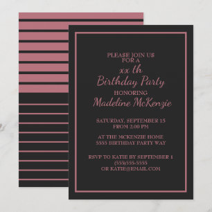 Black Rose Gold Striped Birthday Party Invite