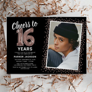 Black Rose Gold Sweet 16 Photo Invitation