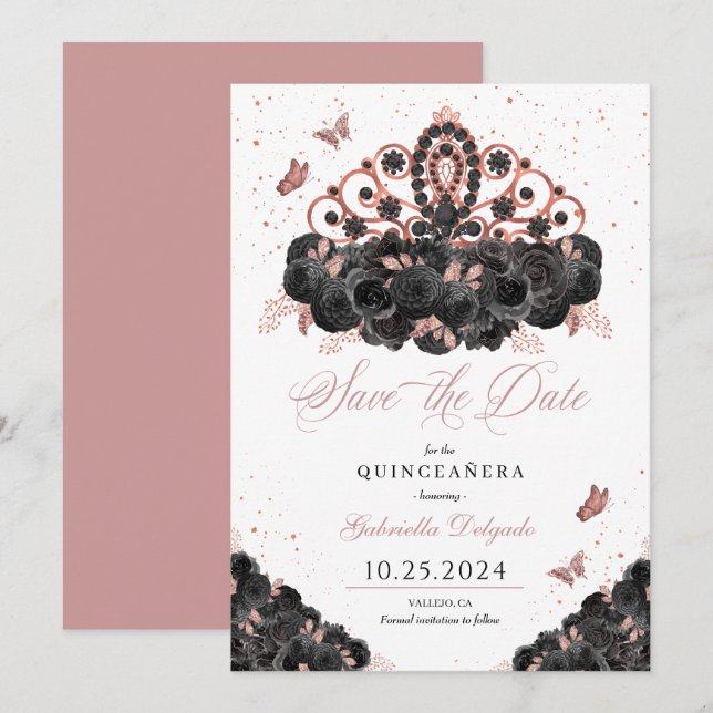 Black & Rose Gold Tiara Save The Date Quinceañera Invitation (Front/Back)