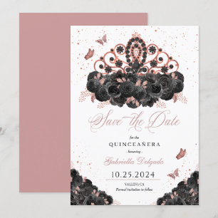 Black & Rose Gold Tiara Save The Date Quinceañera Invitation