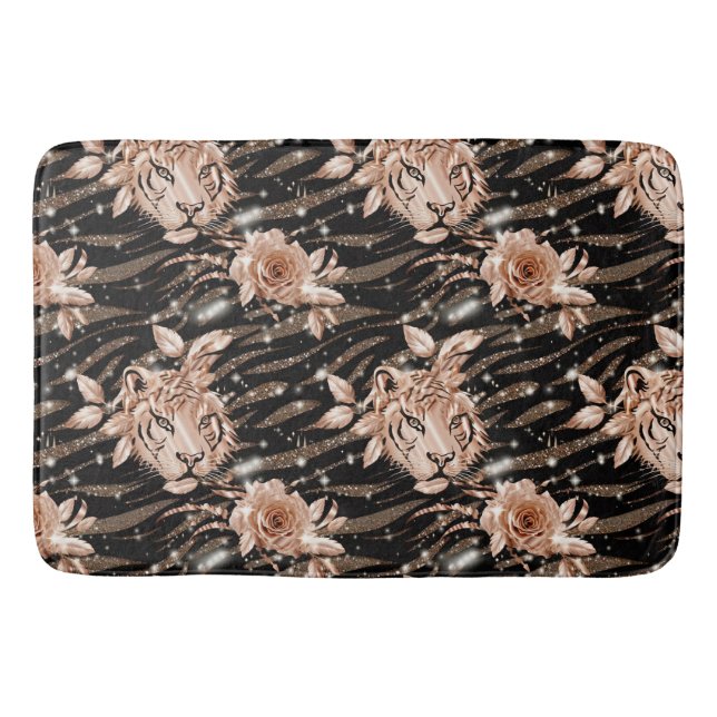 Black Rose Gold Tiger Floral Bath Mat (Front)