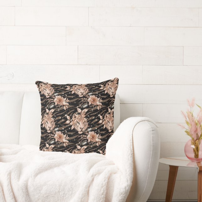 Black Rose Gold Tiger Floral Cushion (Couch)