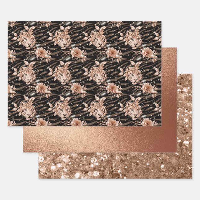 Black Rose Gold Tiger Floral Glam Glitter Wrapping Paper Sheet (Set)