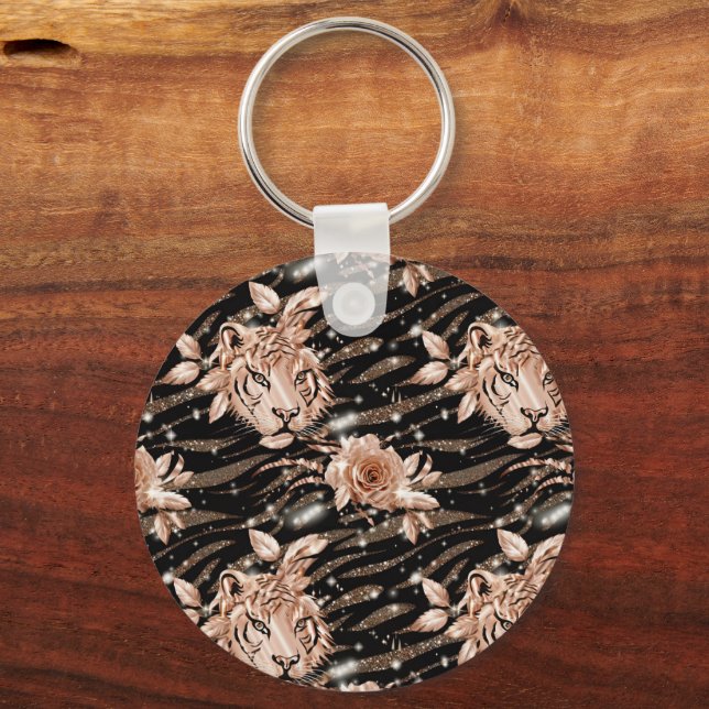 Black Rose Gold Tiger Floral Key Ring (Front)