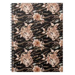 Black Rose Gold Tiger Floral Notebook