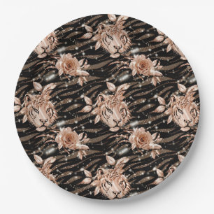Black Rose Gold Tiger Floral Paper Plate