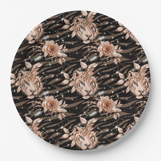 Black Rose Gold Tiger Floral Paper Plate (Front)