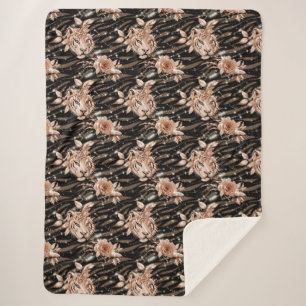 Black Rose Gold Tiger Floral Sherpa Blanket