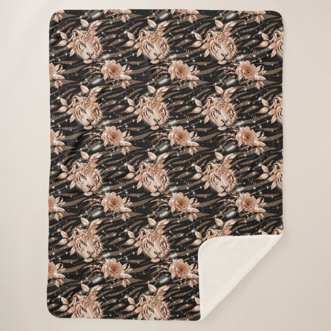 Black Rose Gold Tiger Floral Sherpa Blanket (Front)
