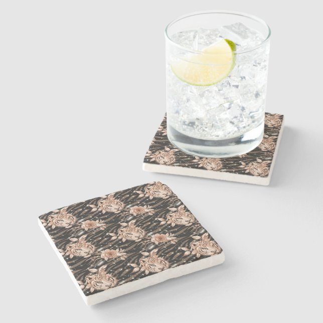 Black Rose Gold Tiger Floral Stone Coaster (Side)