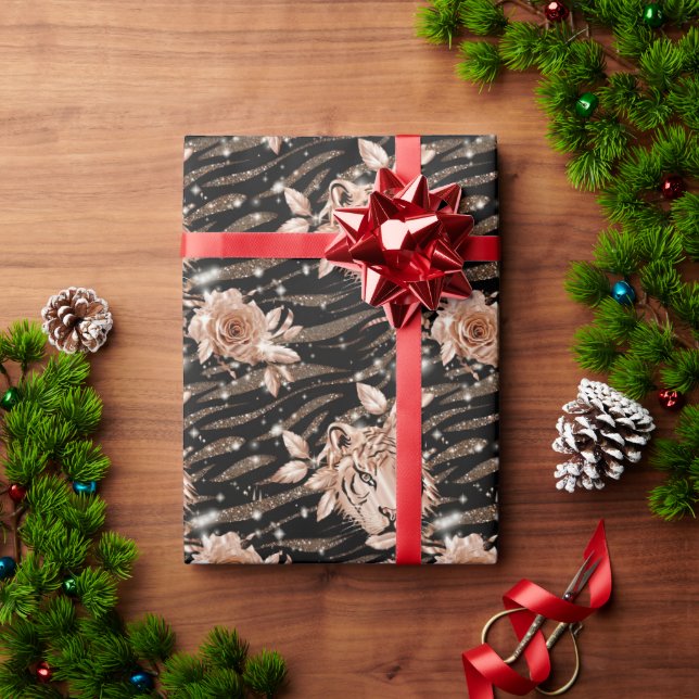 Black Rose Gold Tiger Floral Wrapping Paper (Holiday Gift)