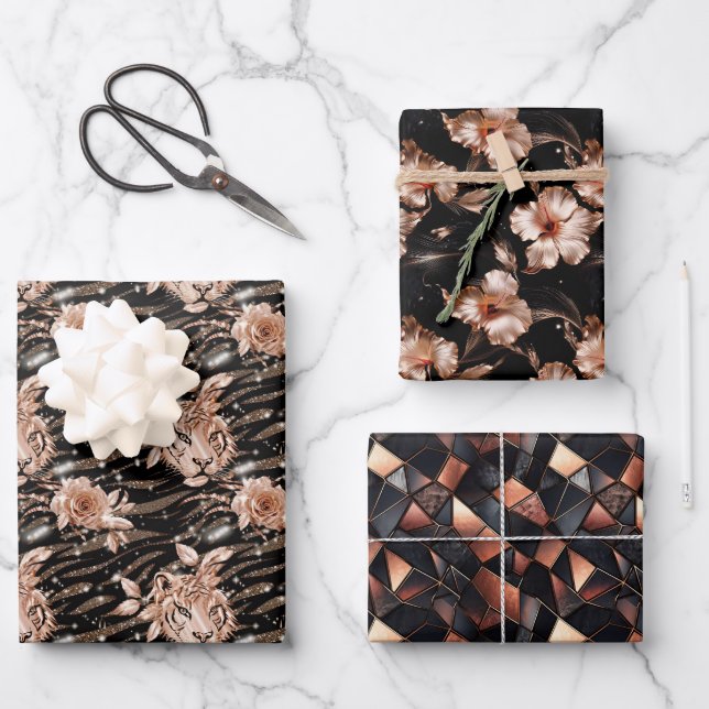 Black Rose Gold Tiger Floral Wrapping Paper Sheet (Front)