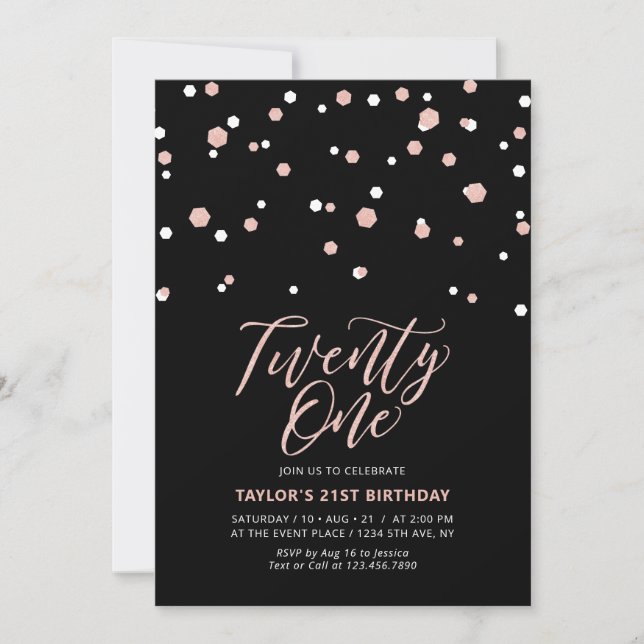 Black & Rose Gold Twenty One 21st Birthday Party I Invitation (Front)