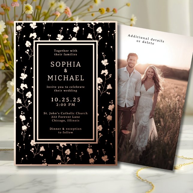 Black Rose Gold Wedding Invitation Floral Template (Creator Uploaded)